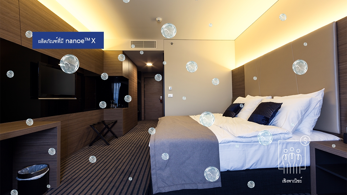 ภาพแสดงให้เห็นว่า nanoe™ X มีประสิทธิภาพต่อกลิ่นไม่พึงประสงค์ที่ฝังอยู่ในเนื้อผ้า เช่น บนเตียงในโรงแรม และทำให้ห้องสะอาด